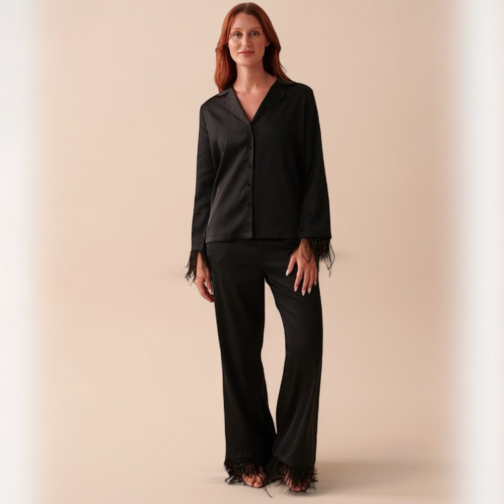 La Vie En Rose Luxury Edition Satin Pajamas with Detachable Feather Trim
